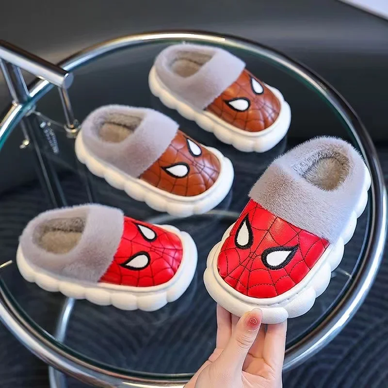 Disney Winter Children Baby Boy Cotton Slipper Cartoon Spiderman Print Kids Non Slip Warm Plush Waterproof Girl Home Shoes 26-36