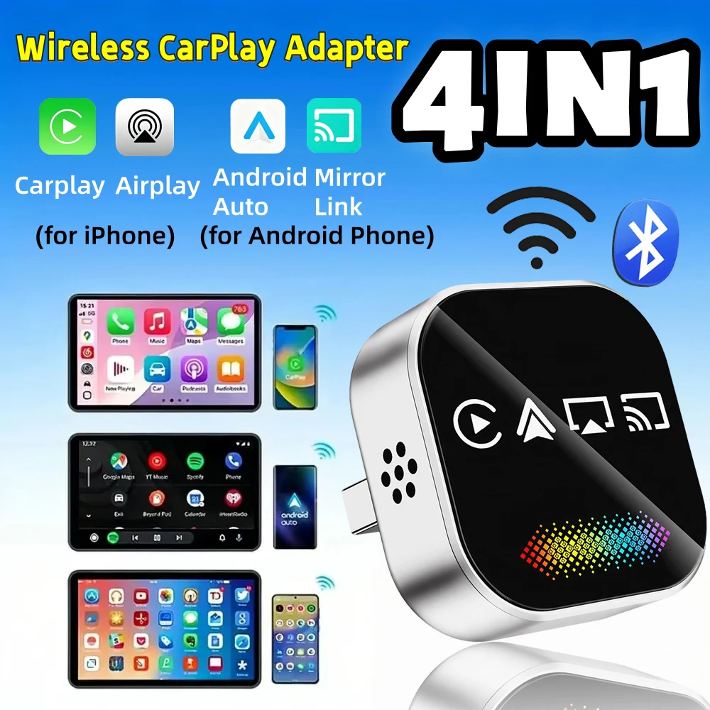 4in1 Wireless Carplay Adapter Android Auto Connect Airplay Mirror Link Screen Plug and Play Bluetooth for Apple and Android