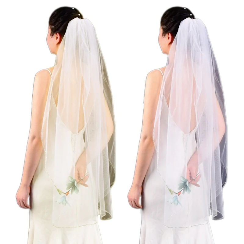 

1 Tier Wedding Bridal Veil with Comb Sparkling Tube Beads Adornment Short Fingertip Length Cut Tulle Veil