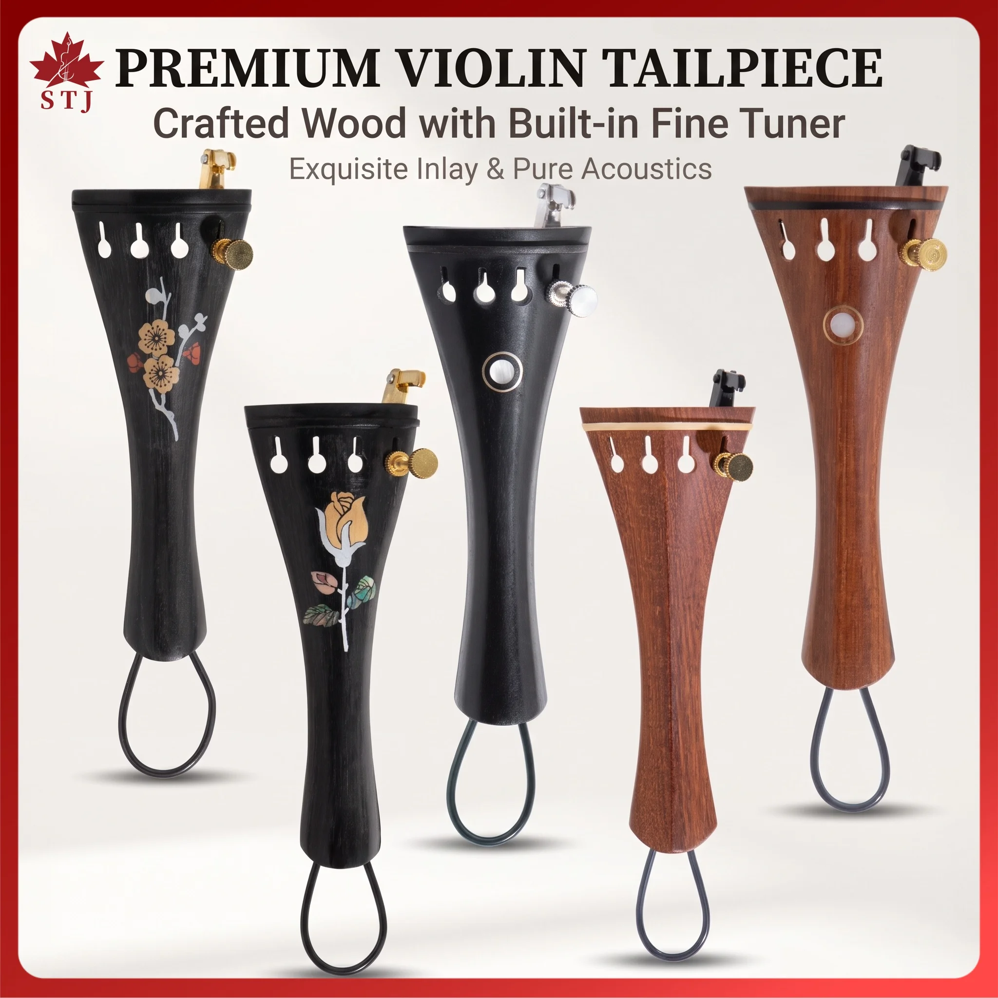 3pcs Violin Fiddle 4/4 Tailpieces, Top Grade Jujube Wood/Ebony Wood/Rosewood Tail Piece With Fine Tuners+Nylon Tailgut Tailcord