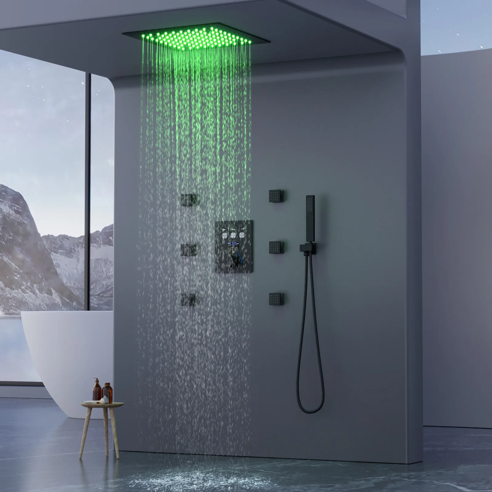 Ceiling embedded constant temperature digital display concealed shower set black 300 * 300mm LED rain shower head