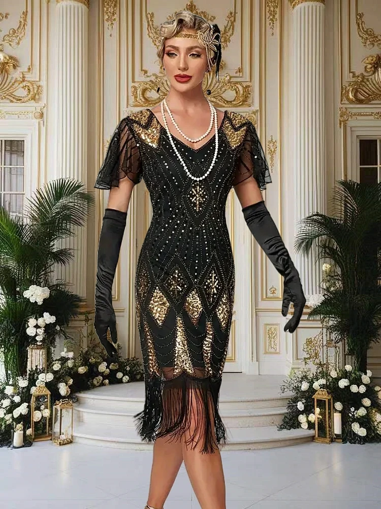 Sexy V-neck Butterfly Sleeve Blue Sequin Dress 1920s Women Flapper Fringe Dress Plus Size Gatsby Style Dress 20s Costume