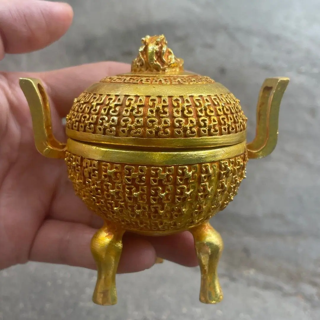 Gilt Double-eared dragon tripod incense burner Ornament Decoration Tea Pet Figurines Desk Decor Accessories