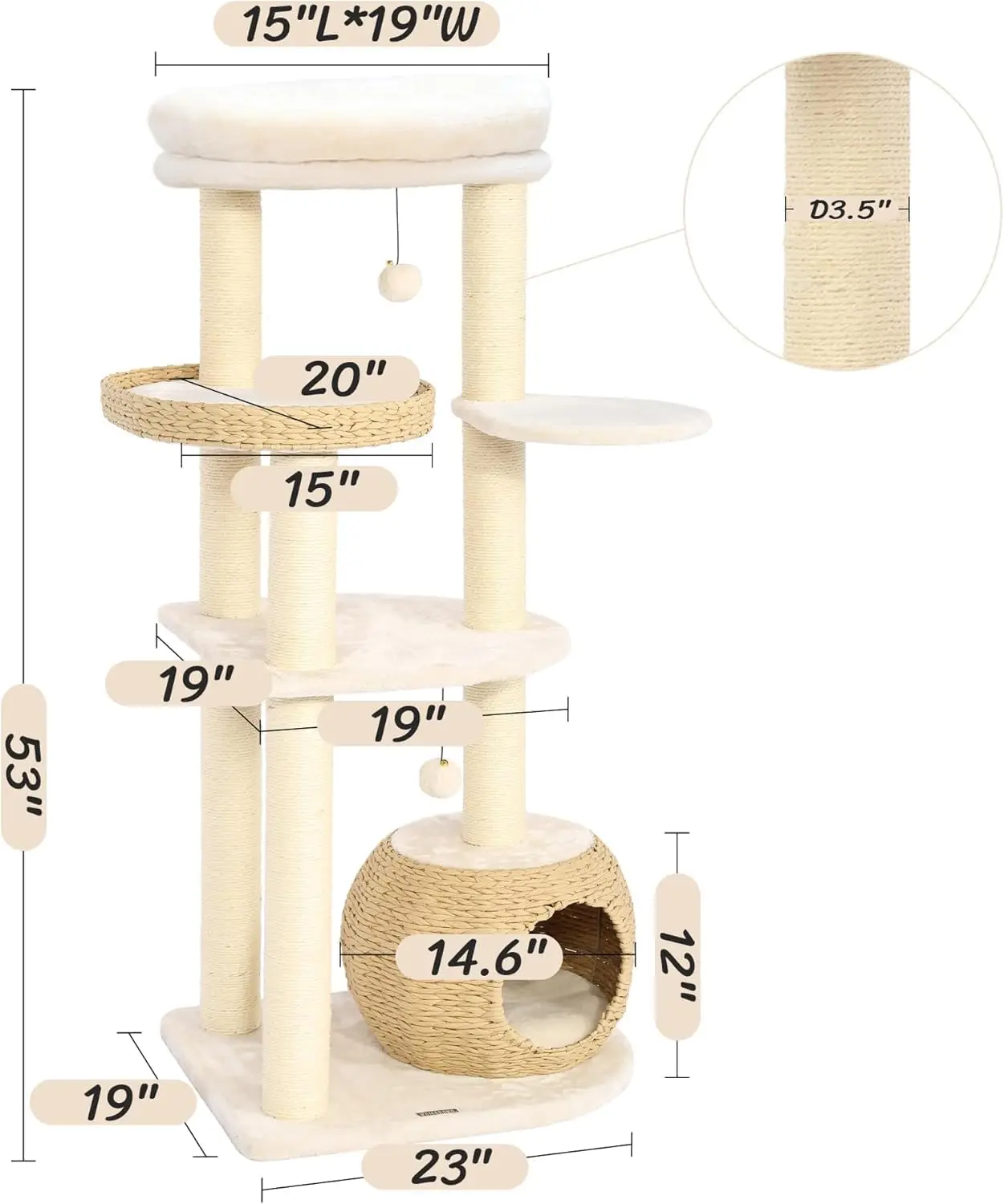 

KAMABOKO Modern Cat Tree, 53" Cat Tower for Indoor Cats Natural Sisal Scratching Posts, Hand-Woven Condo & Top Perch,