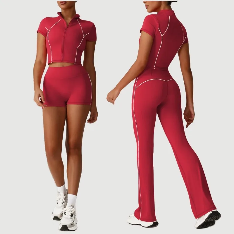 

Seamless Yoga Set Front Zip Fitted Short Sleeve Top & High Waist Tummy Control Butt Lifting Leggings Gym Running Workout Outfit