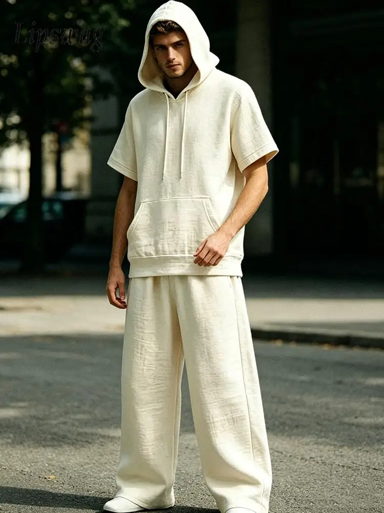 

Stylish Solid Color Two Piece Suits Men 2026 Summer Daily Casual Loose Hoodies And Pants Mens Outfits Leisure Short Sleeve Sets