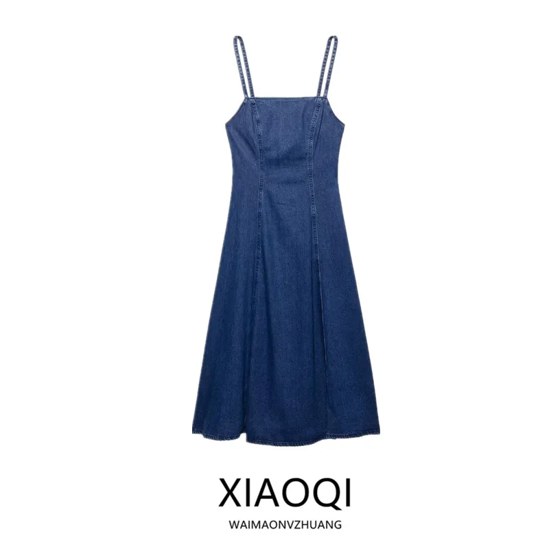 

Spring Summer 2025 New Women's Faionable Straight Collar Denim ter Midi Dr Versatile Commute Sle Svel Dr