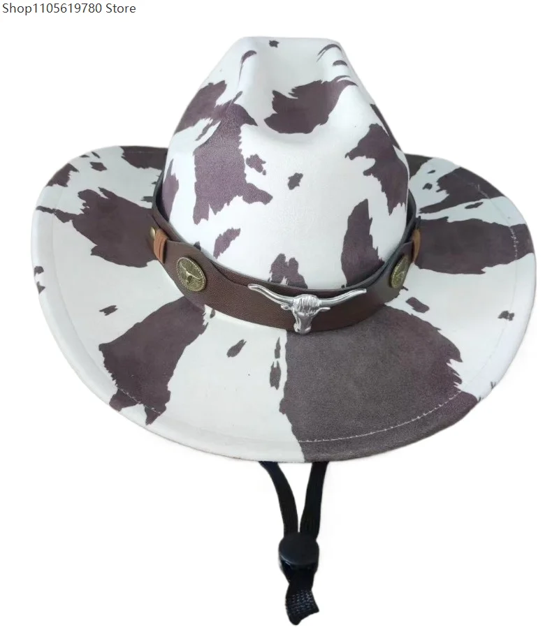 Cowboy Hat Bull Badage Men Women Classic Cow Print Wide Brim Western Travel Felt Band Decor Party Costume Fedora Roll Up Adult 3