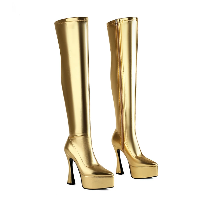 Puntschoen Dunne Hoge Hakken Gouden Overknees Puntschoen Platform Sexy Dame Winter Herfst Schoenen Zilveren Over-de-knie Stretch Laarzen