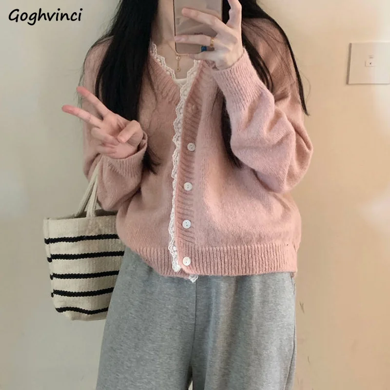 Cardigans Women Crop Sweet College Lace V-neck Aesthetic Kawaii Sweater Autumn Chic Girlish Elegant All-match Stylish Ulzzang