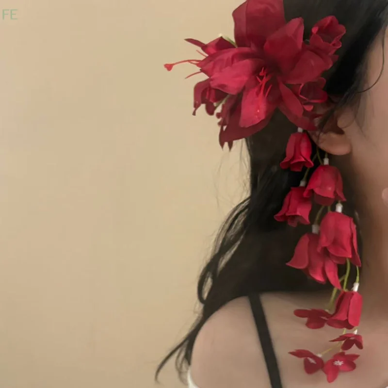 

[F]Red Lily Of The Valley Lily Tassels Hairpins Flower Petal Duckbill Hairgrip Simulation Flower Girls Women Headdress Accessory