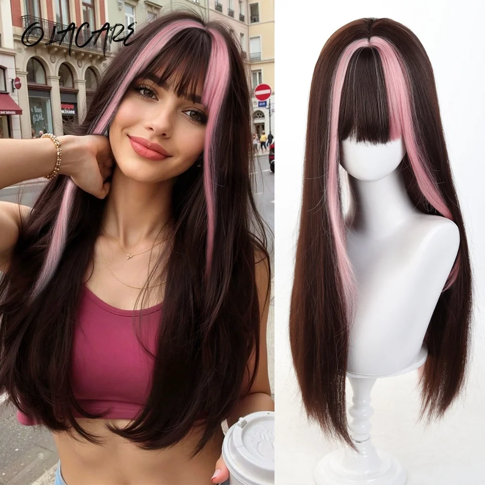 

Синтетический парик OLACARE, 24 дюйма, в стиле Лолита, черно-розовый, с эффектом растрепанности, длинный, прямой, с двумя хвостами, для косплея, на Рождество