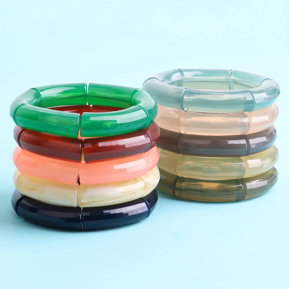 

FishSheep 2025 Trendy Acrylic Jelly Color Bamboo Bracelets for Women Resin Stretched Ridged Elbow Beads Bracelet Bangles Jewelry