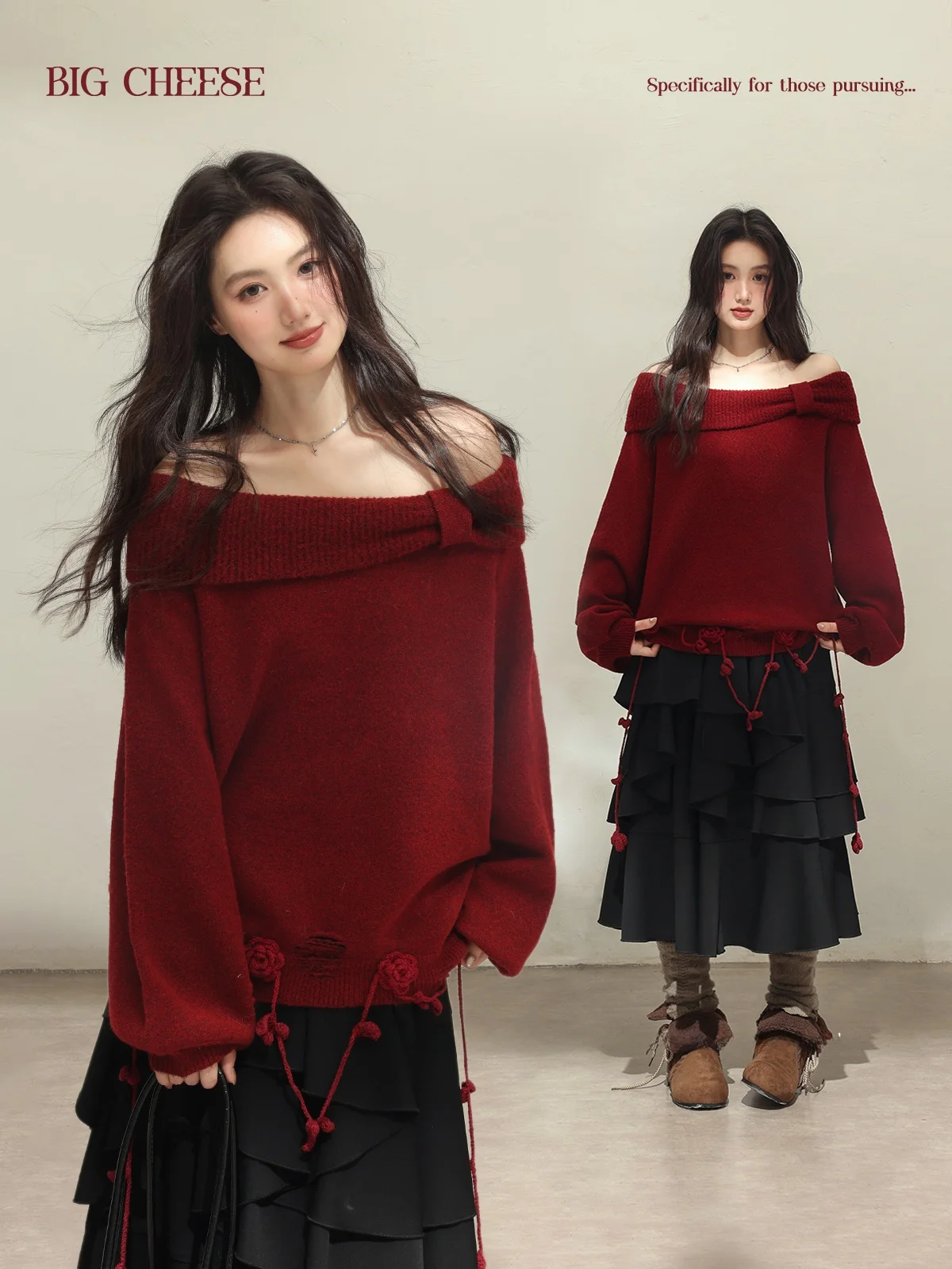 

Женский свитер большого размера с открытыми плечами и розами, свободного кроя, для зимы, больших размеров, повседневный, из полиэстера