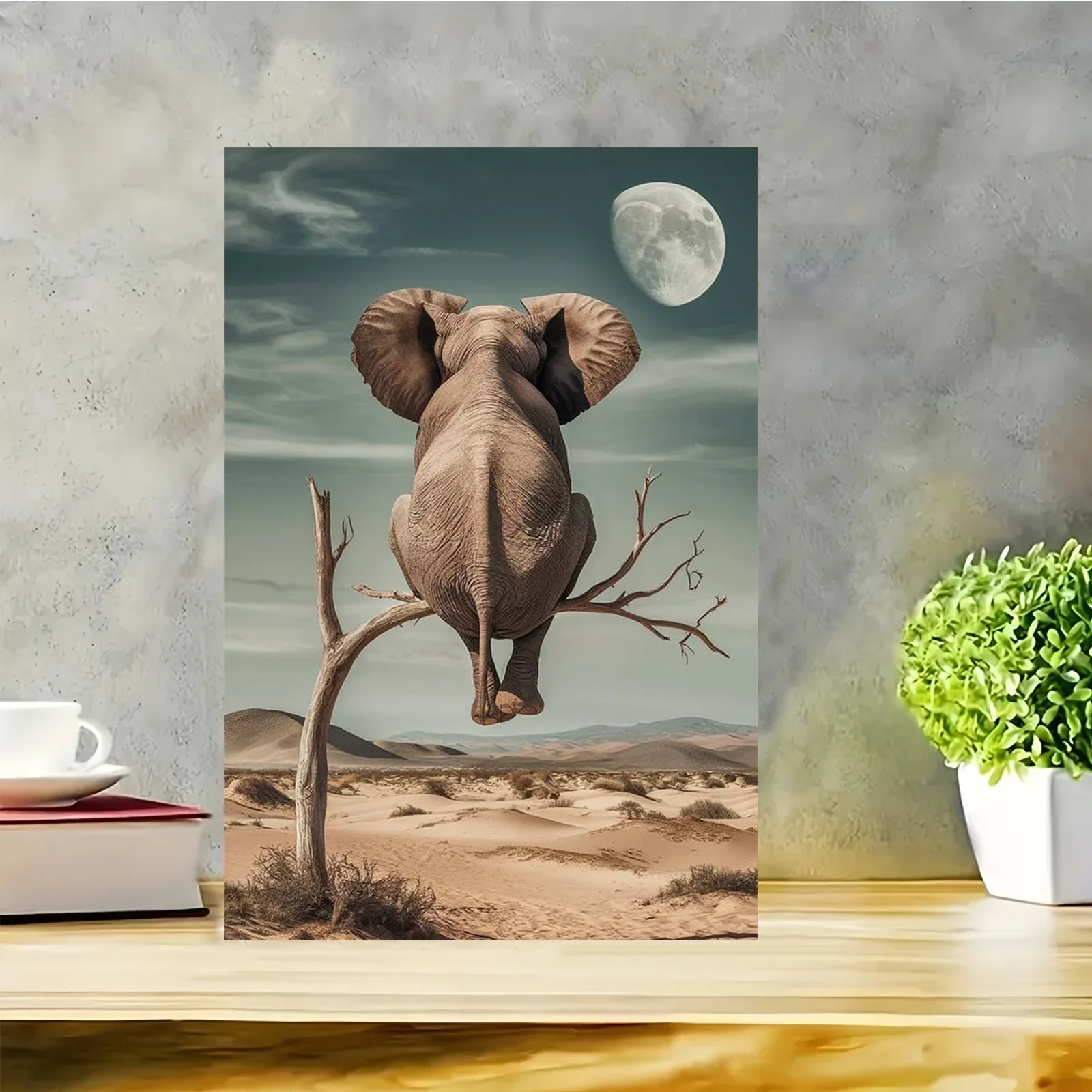 Frameless Canvas Painting Dreamy Elephant & Moon Canvas Art Poster - Surreal Desert Scene, No Framed Wall Decor, Modern Home Liv
