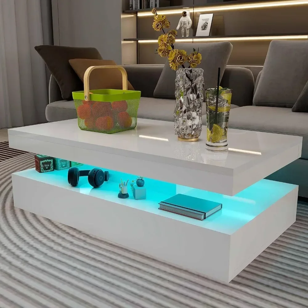 

White Rectangular Coffee Table for Living Room With Remote Control High Gloss Modern Coffee Table With RGB LED Light Furniture