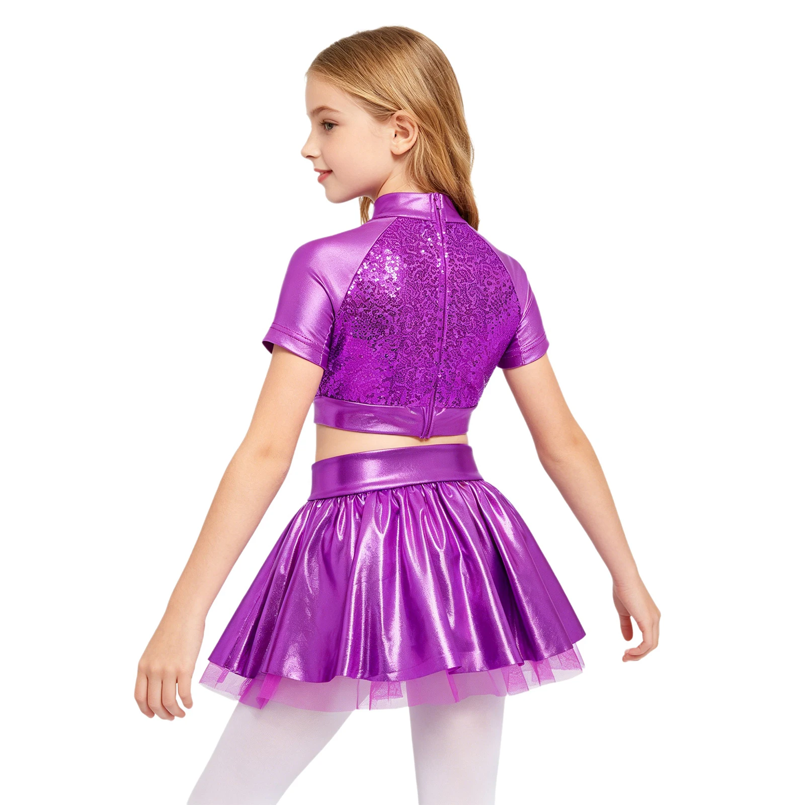 Kids Girls Jazz Hip Hop Dance Costume Short Sleeve Sequins Metallic Crop Top with Shiny Tutu Skirt Cheerleading Stage Outfits