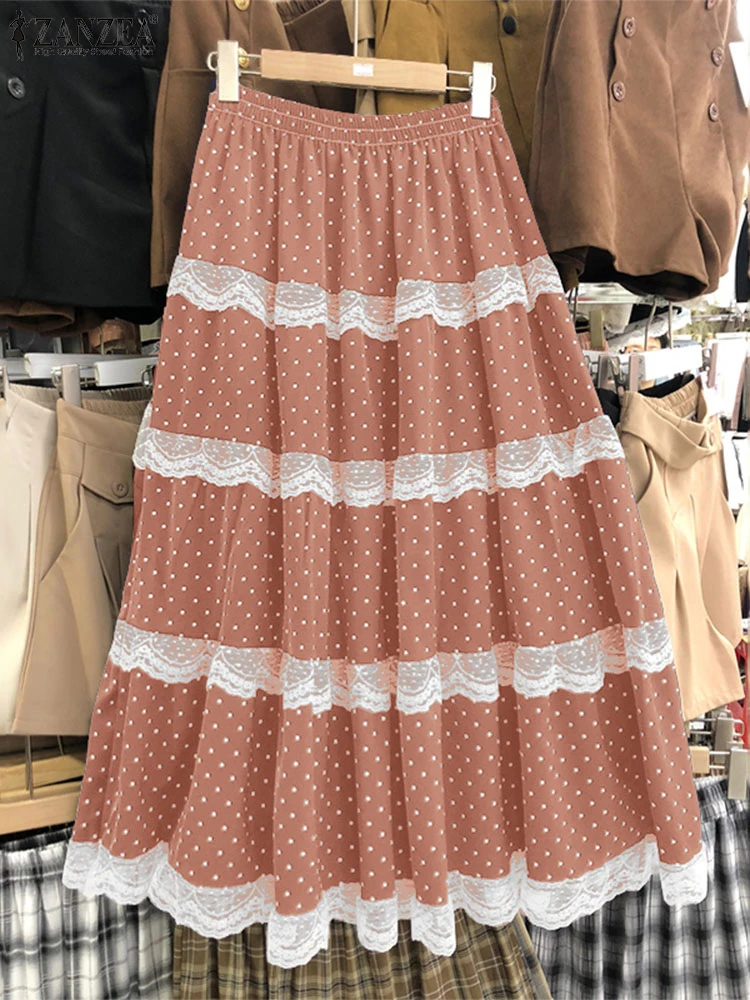 ZANZEA Women Vintage Maxi Skirts Summer Polka Dot Bohemian Long Skirts 2025 Lace Patchwoek High Waist Fashion Casual Bottoms