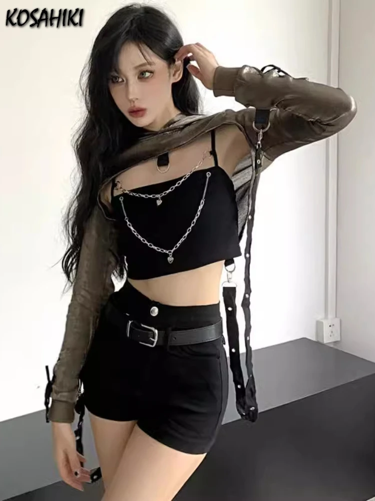 Two Pieces Set Y2k Aesthetic Gold Long Sleeve Hooded Streetwear Summer Coat Bandage Top + Black Sexy Harajuku Cropped Tops Women