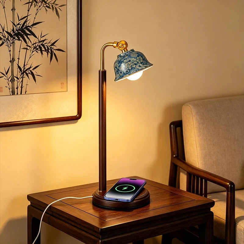 

Ceramic Desk Lamp with 15W Qi Wireless Charger for Mobile Phone USB-C Powered Three-color Lights Wooden Table Lamp for Bedroom