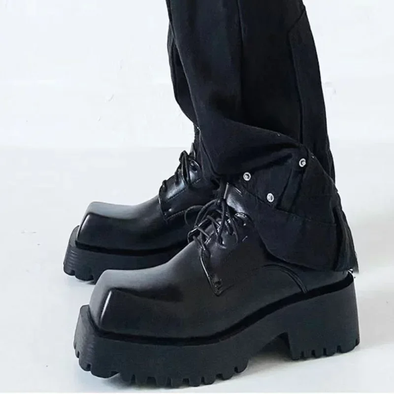 

High Quality Men Stylish Square Toe Smart Casual Shoes Breathable Women Leather Derby Shoes Thick Soled Unisex Footwear