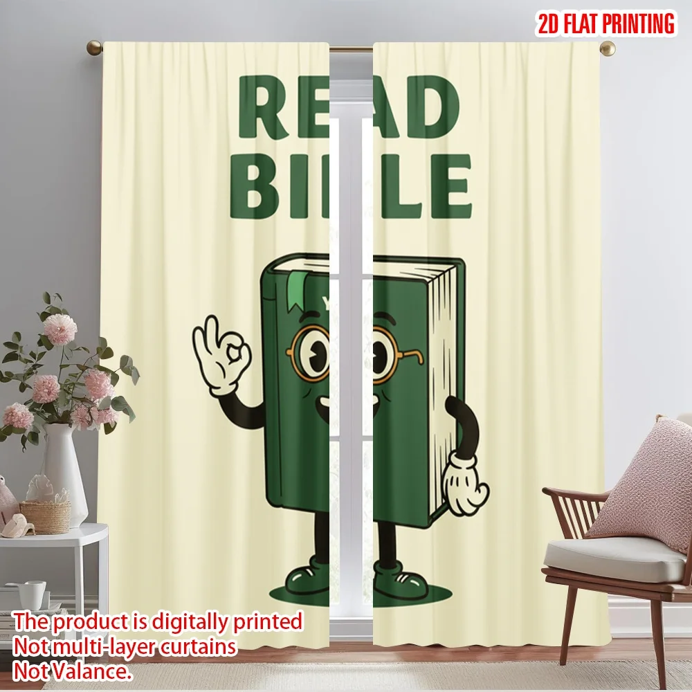 

2pcs 2D flat printing Window Curtains Read Your Bible Book Polyester Without Electricity Festive Holiday for Spring Holidays