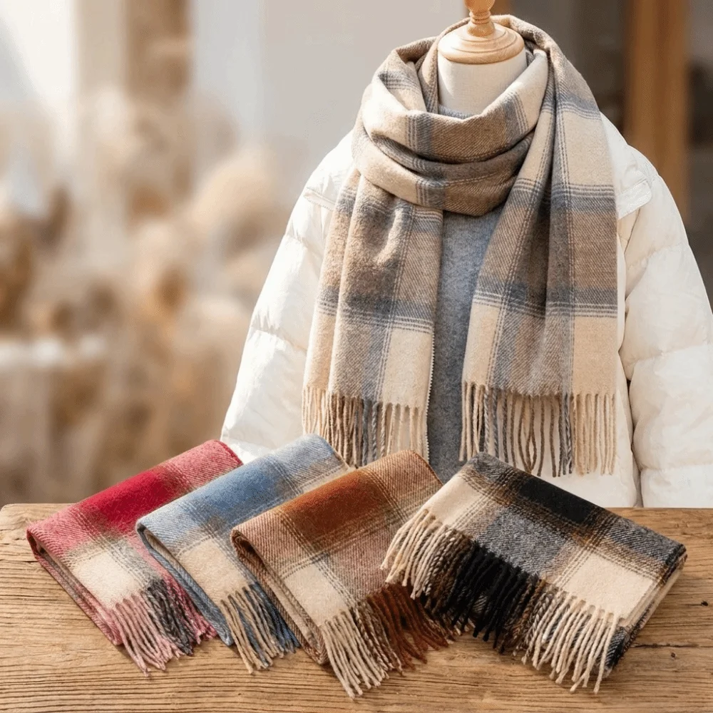 New Preppy Style Women's Winter Scarf Cozy Long Preppy Plaid Scarf Soft Tassel Fringe Checkered Shawl Gift Friends