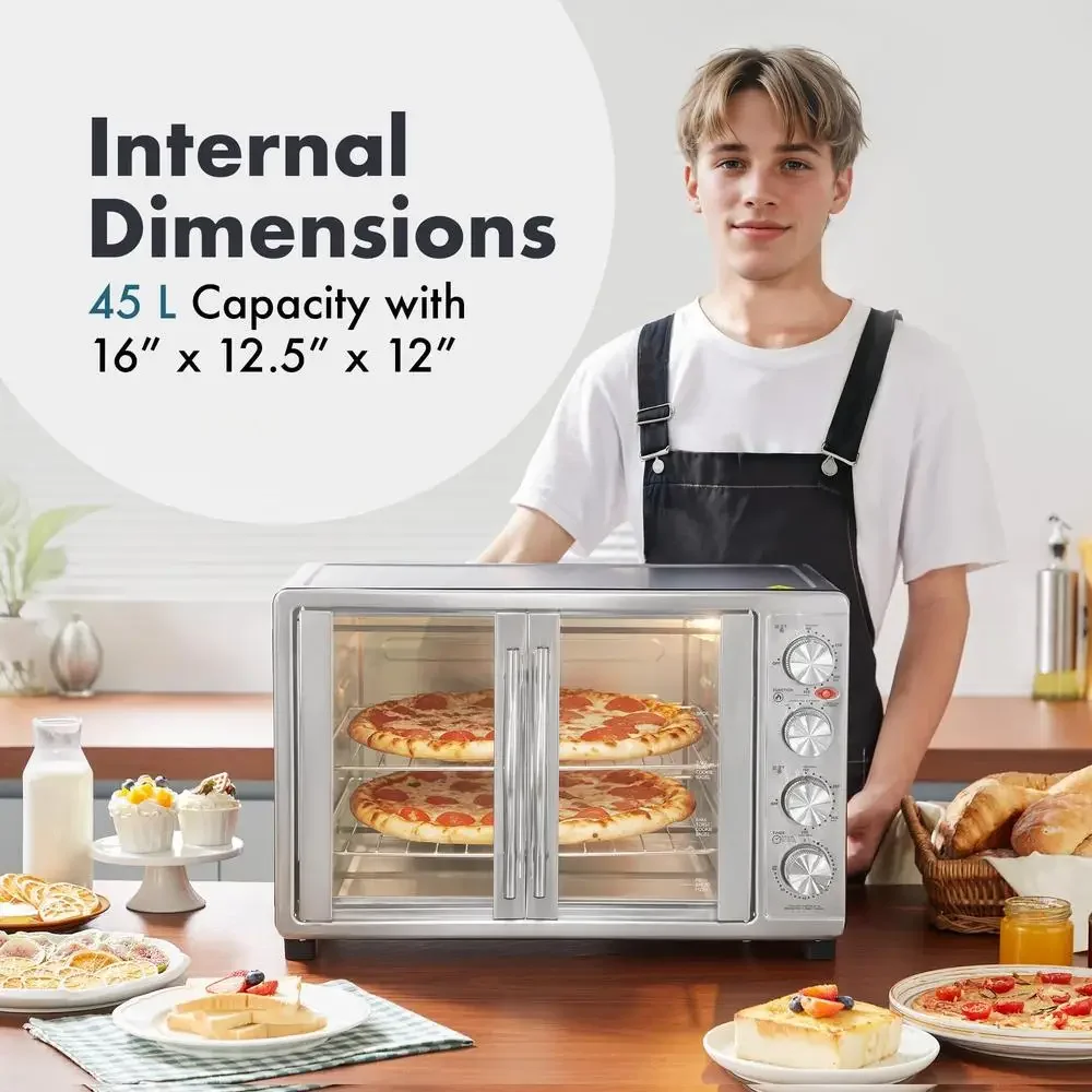 Forno a convezione per porta francese 47,5 Qt 18 fette Cottura alla griglia Toast Girarrosto Timer 4 manopole di controllo Acciaio inossidabile Facile da pulire