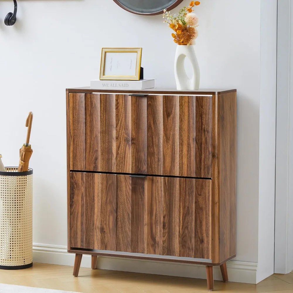 

31.5” Fluted Shoe Cabinet Storage with 2 Flip Drawers, Narrow Freestanding Shoe Storage Organizer, Slim Shoe Rack, Customized