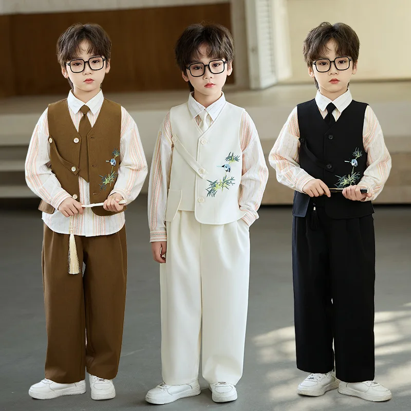 Boys New Chinese Style Vest Suit Set Bamboo Embroidery Asymmetrical Placket with Wide Leg Pants Kids Stage Performance Outfit