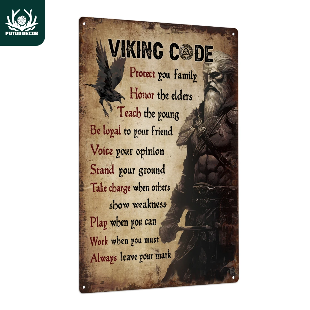 Putuo Decor 1 peça com citações inspiradoras, sinal de lata vintage, código viking, decoração de parede para casa, bar, pub, clube, homem, caverna, 7,8 x 11,8 polegadas