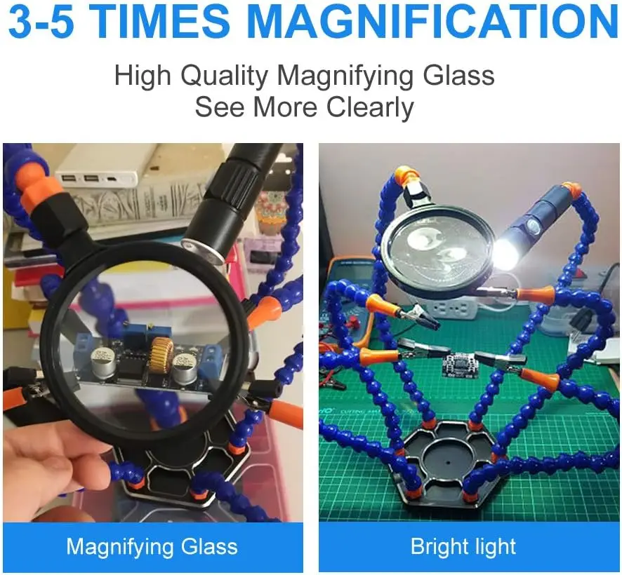 Helfende Hand beim Löten der dritten Zeiger, Schraubstock mit 6 flexiblen Armen, LED-Taschenlampe, Lupe, Aluminiumsockel für Lötarbeiten