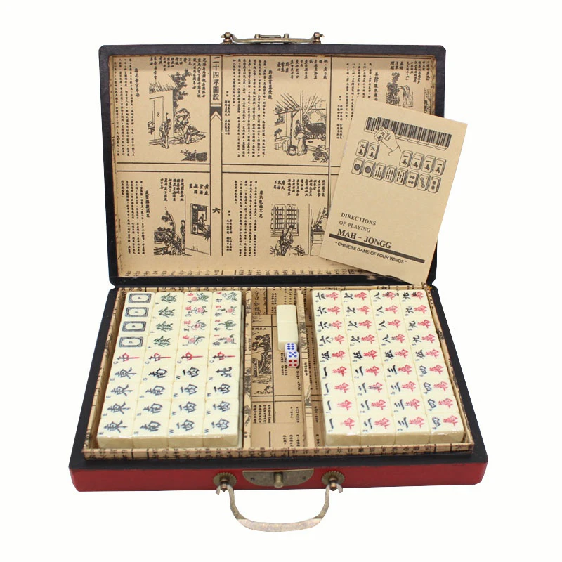 24 30 35 mm Mahjong Set with Antique Wooden Box Table Game Ivory Mahjong Tiles Tourist Dormitory Mahjong Family Game