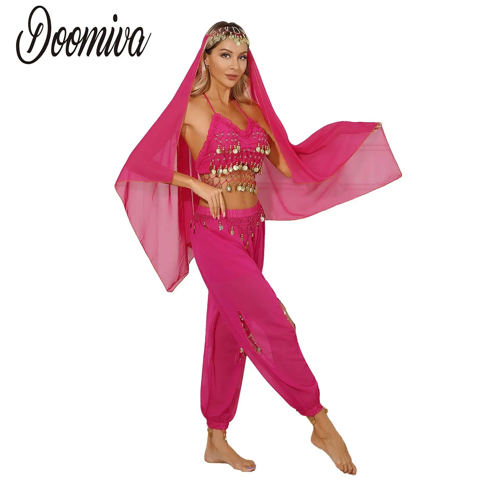 Bollywood Costume Set Women Indian Dance Belly Dance Outfit Performance Clothes Chiffon Veil Crop Top and Pants Arabian Costumes