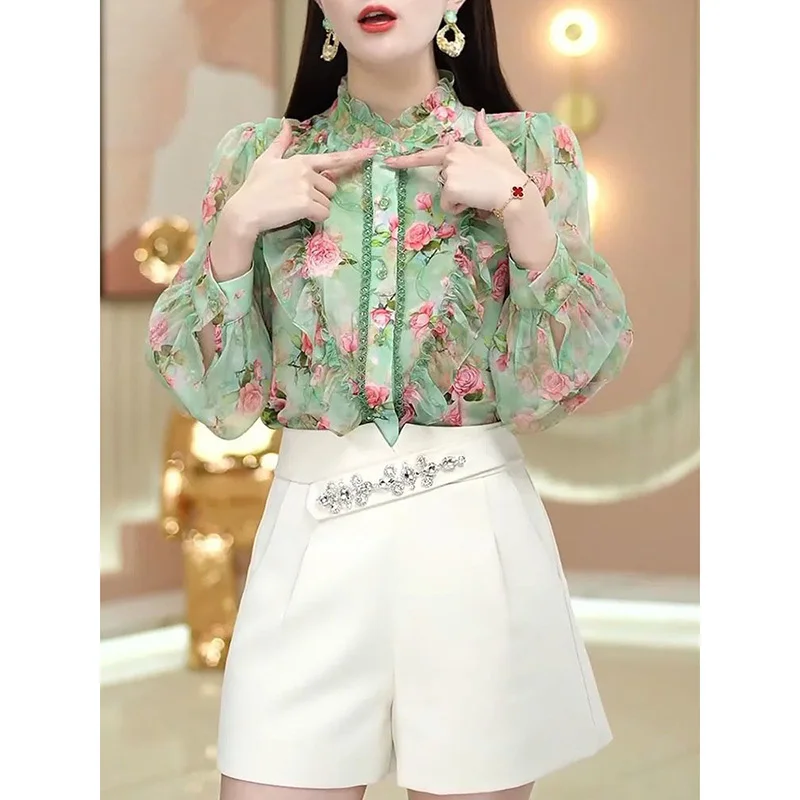 Blusa con bordado de encaje y volantes para mujer, camisa holgada con manga farol, Estilo Vintage, elegante, para otoño, 2023