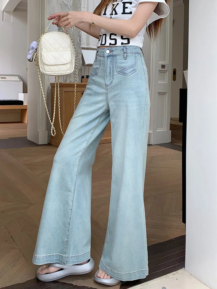 กางเกงยีนส์แฟชั่นทรงหลวมสไตล์วินเทจ ล้างสี เอวสูง ผู้หญิง สวมใส่สบาย ยืดได้ ทรงตรง ขากว้าง ทรงบูทคัท