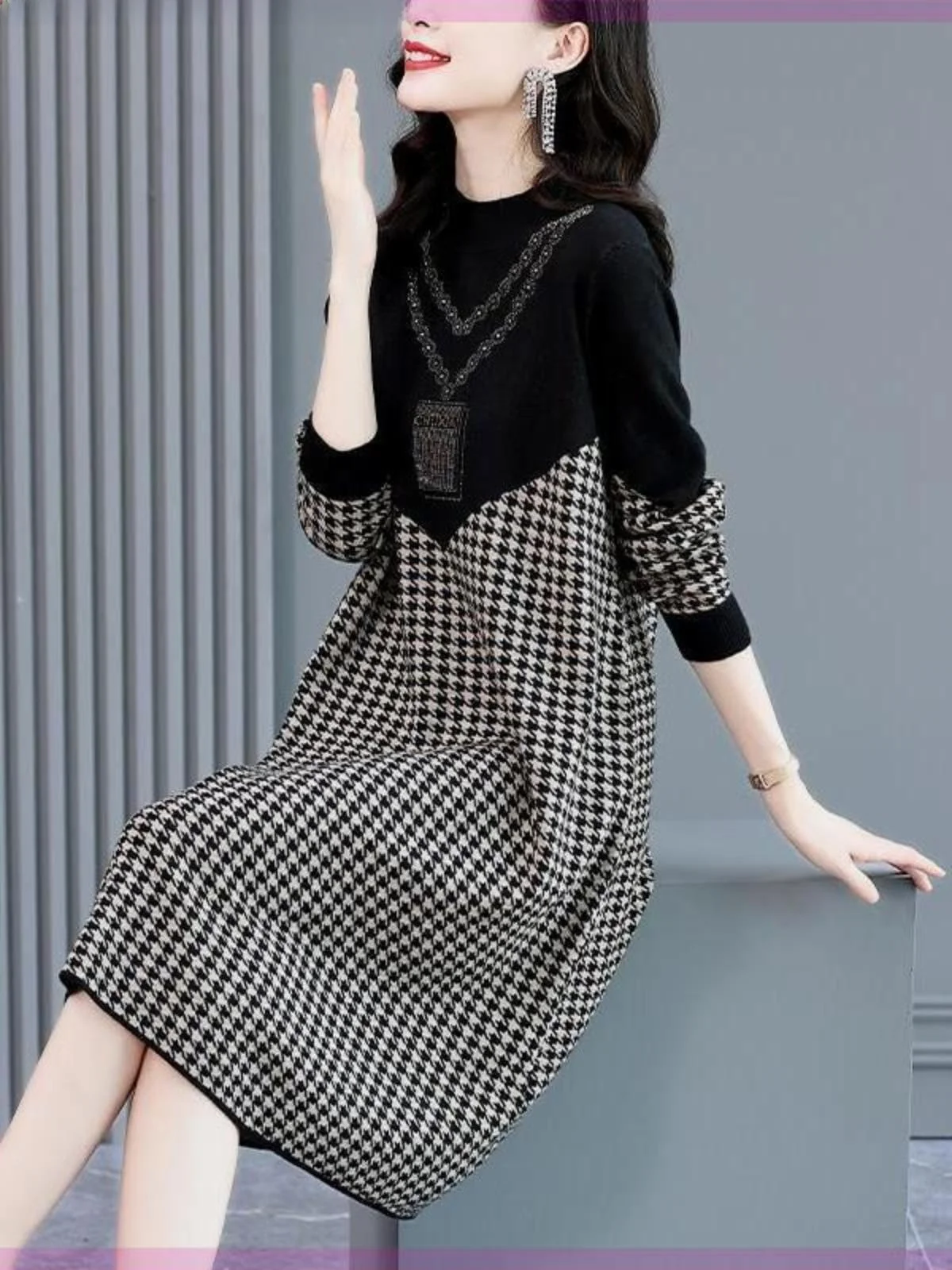 women's-knitted-sweater-dr-autumn-winter-2024-new-mid-length-a-line-dr-high-end-plaid-ear-muff-faion-accory