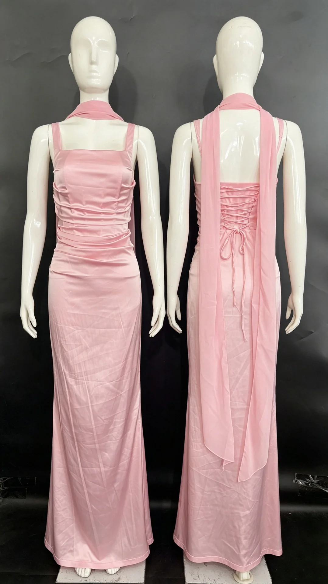 Damen Maxikleid aus Satin mit Schleifenbesatz, ärmellos, mit Fischgrätmuster, Schnürung, gerafftes, figurbetontes, langes Kleid, elegant, für Hochzeitsgäste, Partys, Vestidos, in Pink und Grün – Detail 13