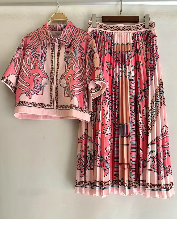 

Temperament printed lapel single-breasted shirt jacket spring and summer women's two-piece high waist A-shaped skirt fashion sui