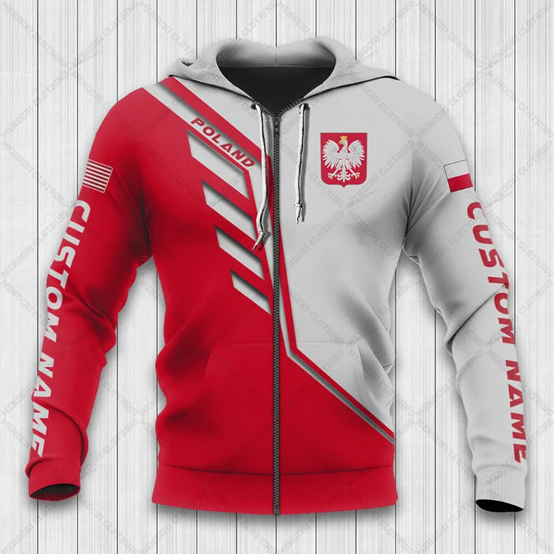 Sudaderas con capucha con cremallera impresa en 3D roja con emblema de Polonia, nombre personalizado, sudaderas holgadas Unisex, sudaderas de gran tamaño, ropa de calle informal de invierno, Tops, Jersey