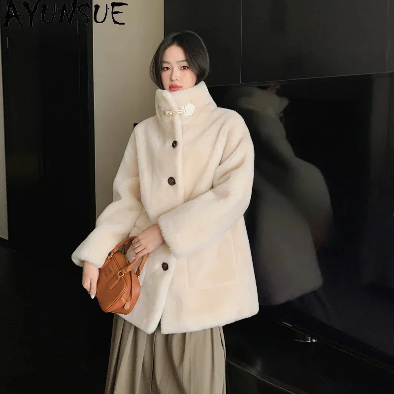 

Elegant AYUNSUE Sheep Shearing Jacket for Women 2024 Winter Mid-length 100% Wool Coat Standing Collar Fashion Fur Coats Casaco