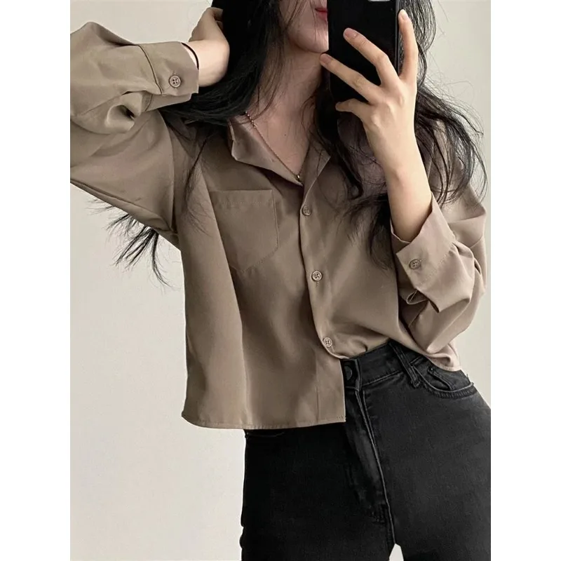 

Jmprs Designed Women Shirts Korean Fashion Solid Long Sleeve Button Up Tops Office Ladies Chiffon Short Blouse New