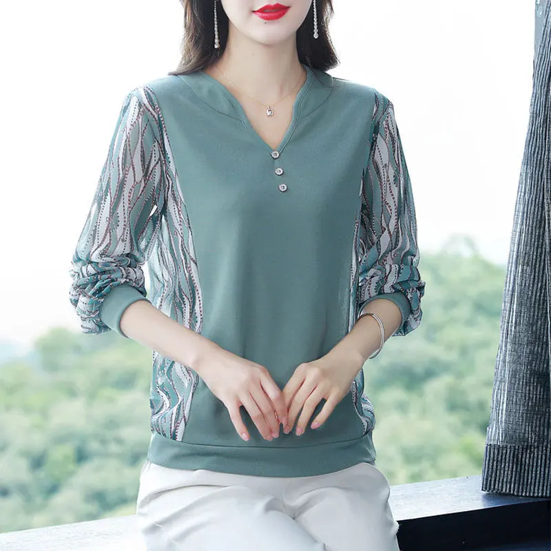 Spring Autumn Printed Patchwork Knitted Blouse Casual V-Neck Button Women\'s Clothing Long Sleeve Fashion Loose Solid Color Shirt