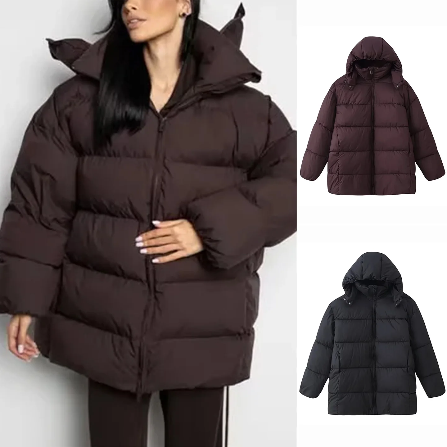 شتاء جديد المرأة عادية فضفاضة تناسب طويلة Sve الوقوف طوق مقنعين الدافئة القطن Jaet ملابس خارجية Faion تخفيف Sle سستة