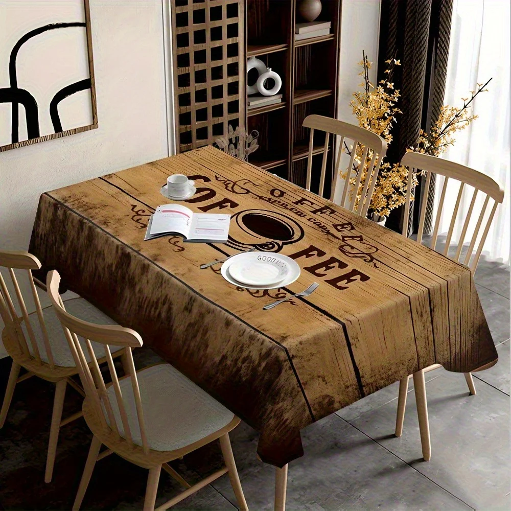 Retro wood-grain coffee pattern printed rectangular tablecloth, dining table cloth, coffee table cover fabric