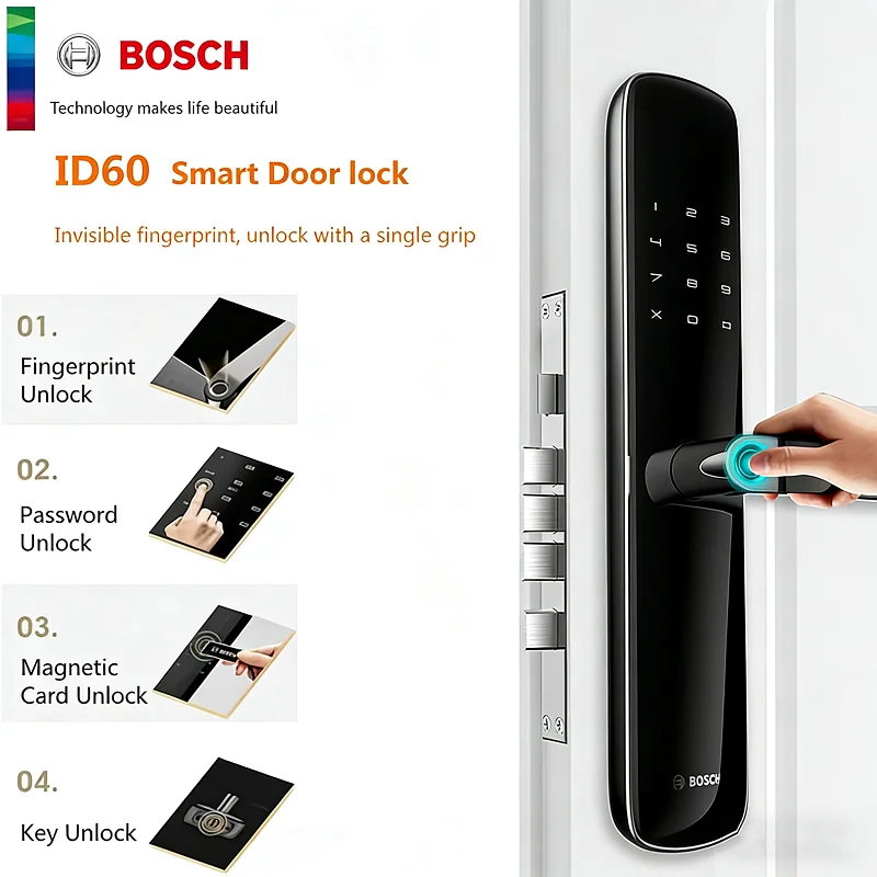 

Электронный замок Bosch ID60 с функцией распознавания отпечатков пальцев для домашней безопасности, цифровой дверной замок с доступом по карте и паролю