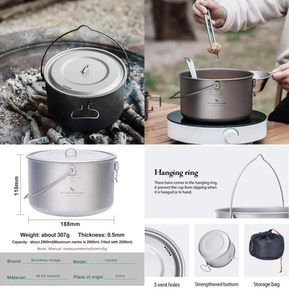 

Титановая подвесная кастрюля для кемпинга, пешего туризма, сверхлегкая портативная кастрюля для приготовления пищи, походная кухонная посуда 1300 мл/1950 мл/