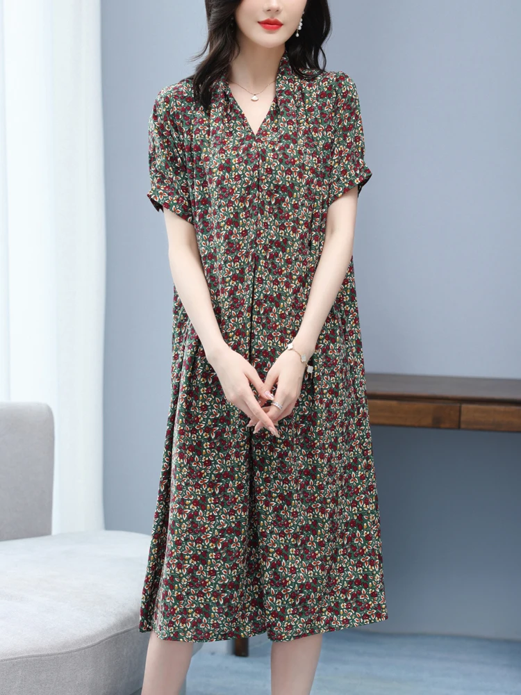 

Floral Print Short Sleeve Dress 2025 Summer V Neck Casual Loose Dresses For Women