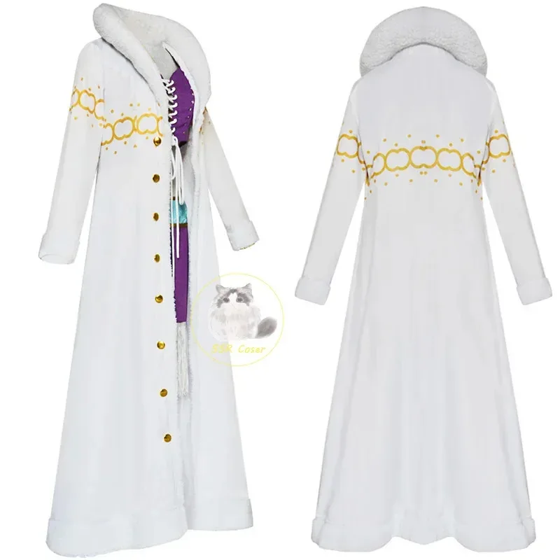 Uniforme de vestido morado de anime de Nicole Robin con cuello largo de piel, capa blanca y traje de sombrero, adecuado para Halloween y Navidad