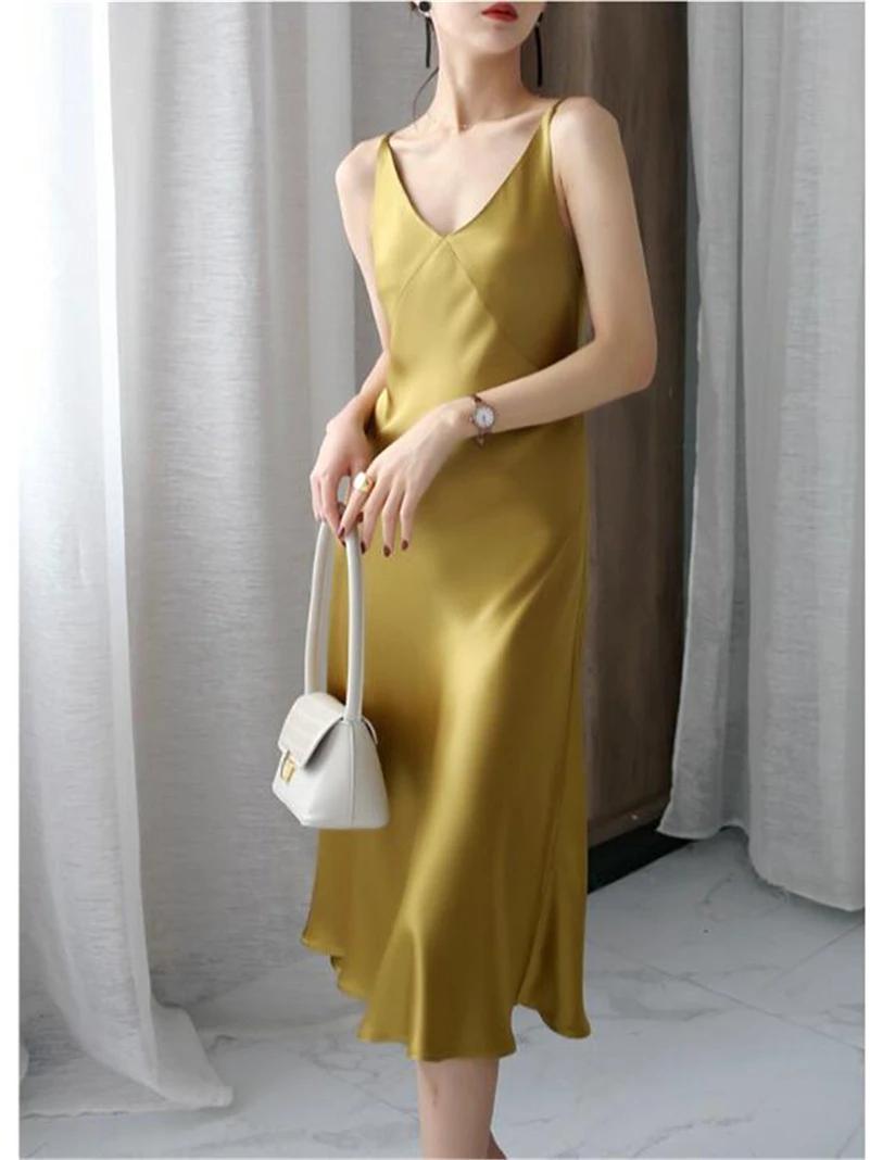 High Quality Elegant A-Line Long Dress Fashion Chic Women Ice Silk Satin Vintage Dress Sleeveless Loose Party Dresses Vestidos